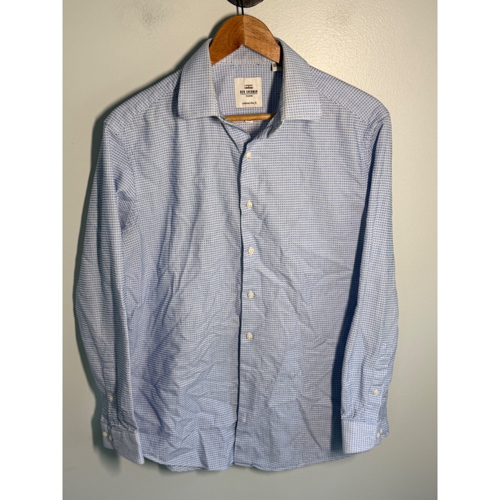 Ben Sherman Tailoring Mens 16 32-33 Tailored Slim Fit Blue Geometric Dress Shirt